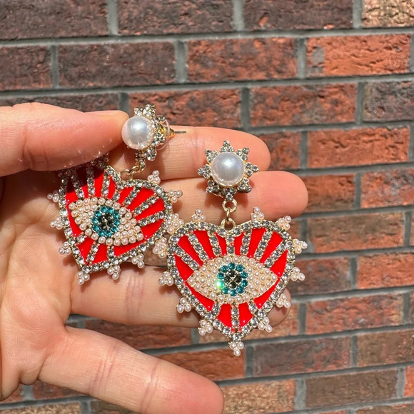 Anthropologie Red Evil Eye Protection Heart Crystal Earrings - Picture 11 of 12